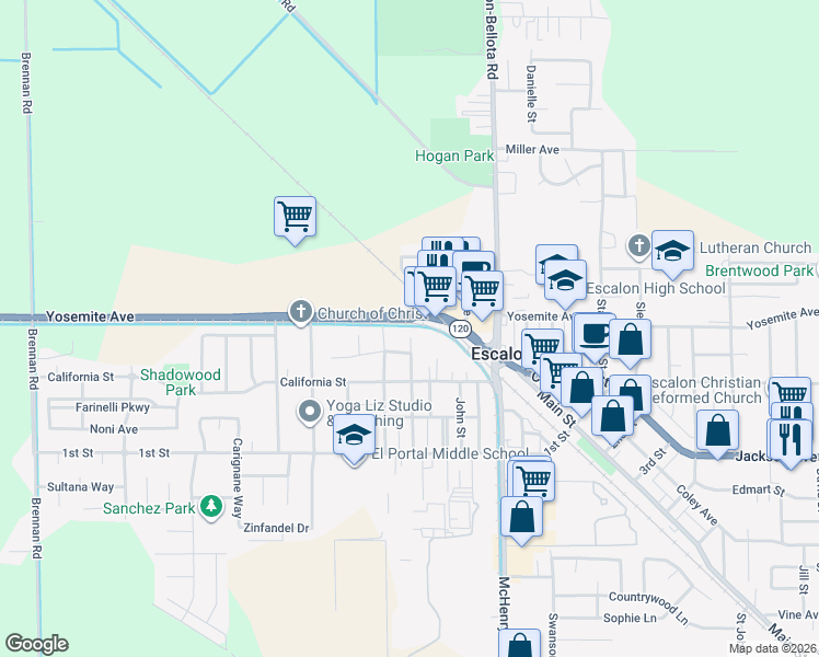 map of restaurants, bars, coffee shops, grocery stores, and more near 1050 Yosemite Avenue in Escalon