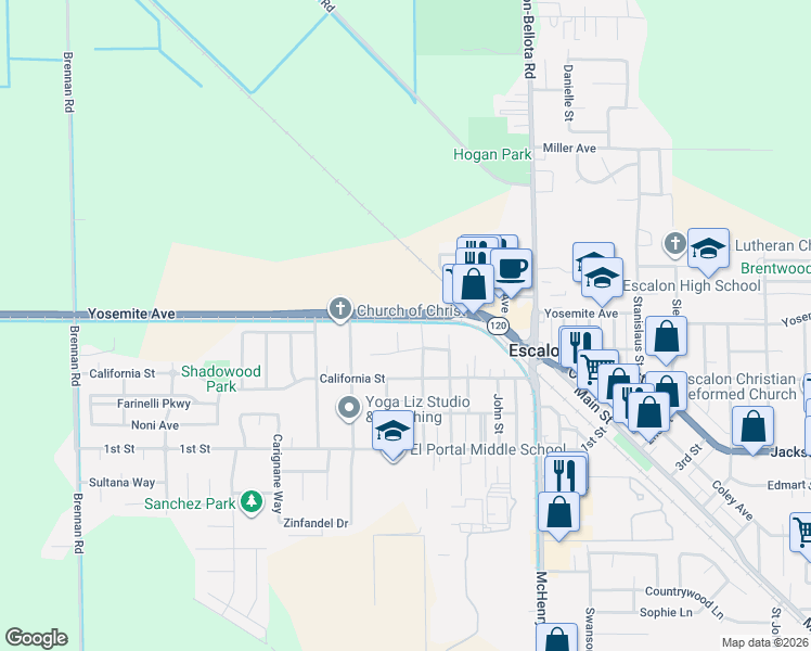 map of restaurants, bars, coffee shops, grocery stores, and more near 1308 Fir Court in Escalon