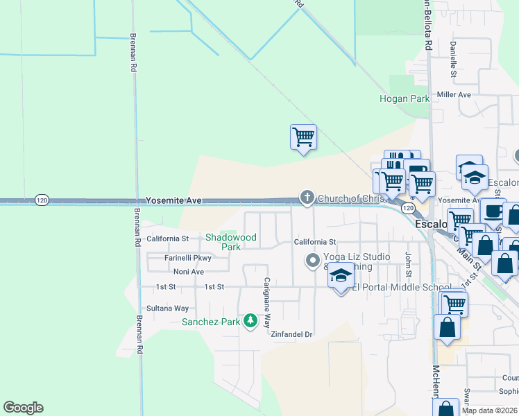 map of restaurants, bars, coffee shops, grocery stores, and more near 502 Northwood Street in Escalon