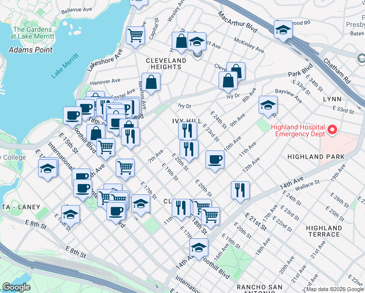 map of restaurants, bars, coffee shops, grocery stores, and more near 717 East 21st Street in Oakland