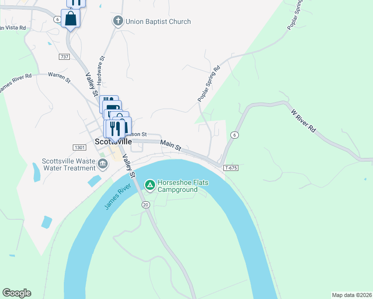 map of restaurants, bars, coffee shops, grocery stores, and more near 534 Main Street in Scottsville