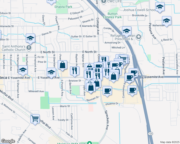 map of restaurants, bars, coffee shops, grocery stores, and more near 1161 East Yosemite Avenue in Manteca