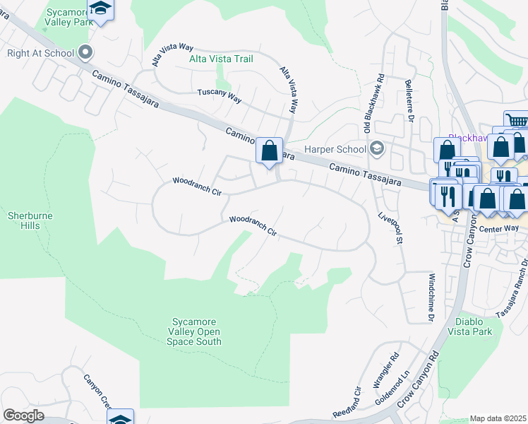 map of restaurants, bars, coffee shops, grocery stores, and more near 104 Cimarron Court in Danville