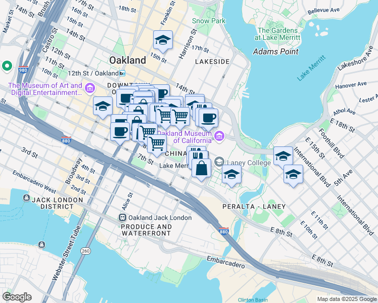 map of restaurants, bars, coffee shops, grocery stores, and more near 160 9th Street in Oakland