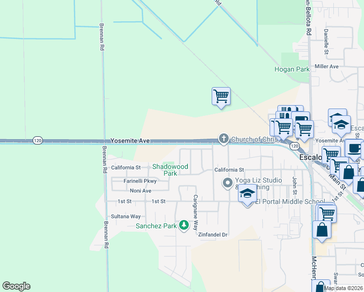 map of restaurants, bars, coffee shops, grocery stores, and more near 502 Northwood Street in Escalon
