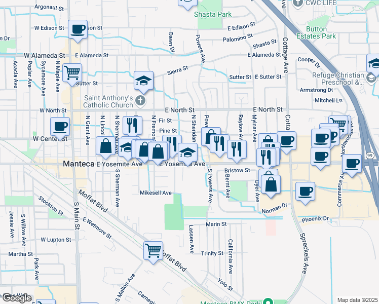 map of restaurants, bars, coffee shops, grocery stores, and more near 150 North Sheridan Avenue in Manteca