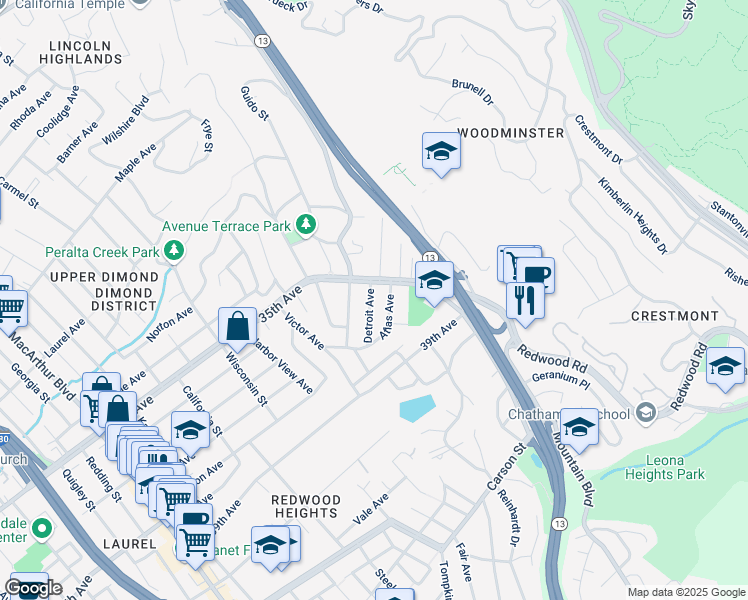 map of restaurants, bars, coffee shops, grocery stores, and more near 4278 Detroit Avenue in Oakland