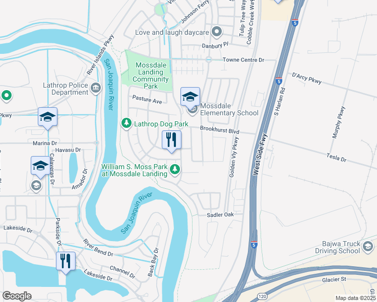 map of restaurants, bars, coffee shops, grocery stores, and more near 17840 Golden Spike Trail in Lathrop