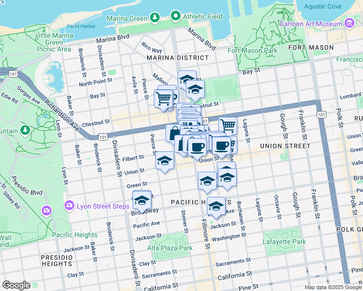 map of restaurants, bars, coffee shops, grocery stores, and more near 253 Pixley Street in San Francisco