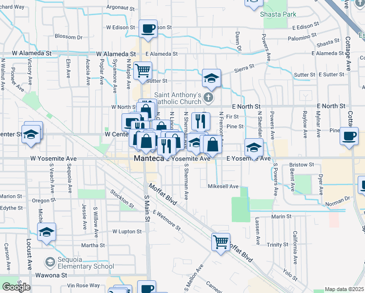 map of restaurants, bars, coffee shops, grocery stores, and more near 126 North Lincoln Avenue in Manteca