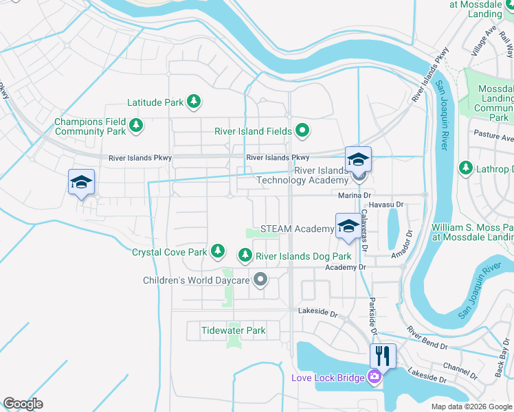 map of restaurants, bars, coffee shops, grocery stores, and more near 17820 Eastman Court in Lathrop