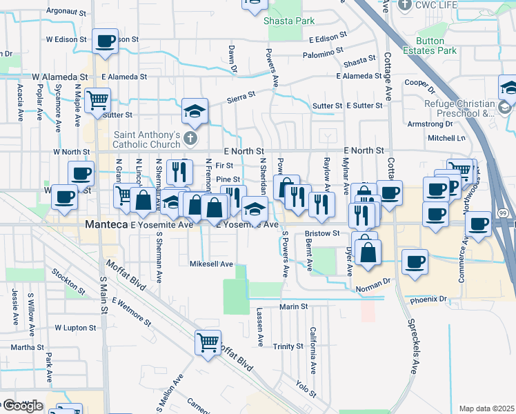 map of restaurants, bars, coffee shops, grocery stores, and more near 150 North Sheridan Avenue in Manteca