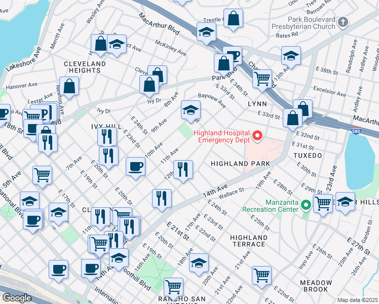 map of restaurants, bars, coffee shops, grocery stores, and more near 2525 12th Avenue in Oakland