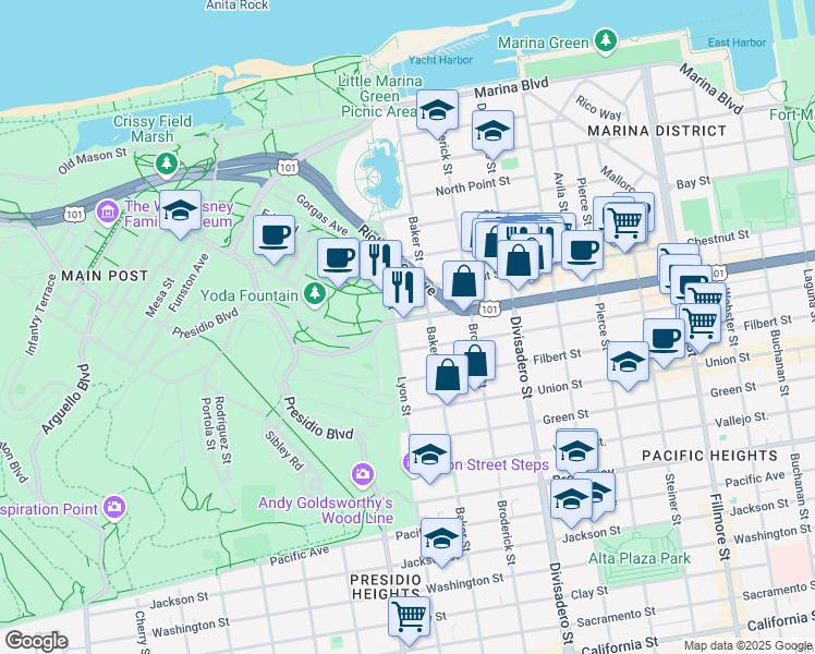 map of restaurants, bars, coffee shops, grocery stores, and more near 2729 Lombard Street in San Francisco