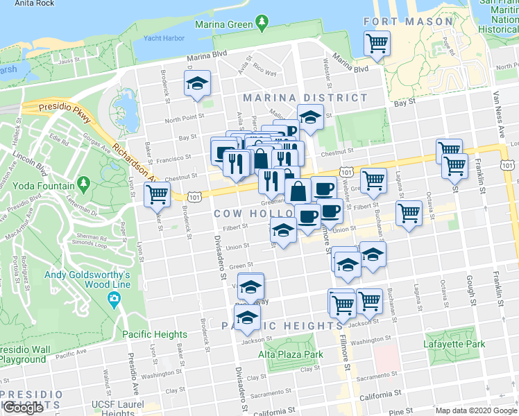 map of restaurants, bars, coffee shops, grocery stores, and more near 2399 Greenwich Street in San Francisco