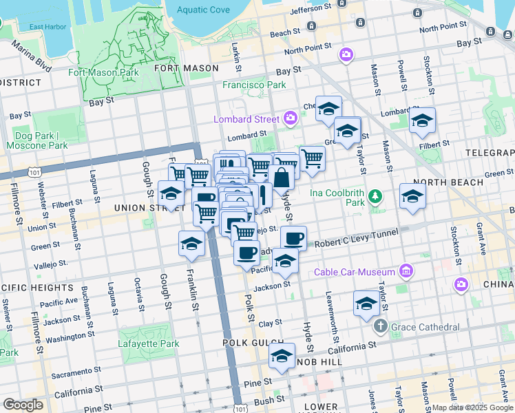 map of restaurants, bars, coffee shops, grocery stores, and more near 2221 Larkin Street in San Francisco