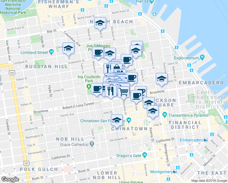 map of restaurants, bars, coffee shops, grocery stores, and more near 775 Vallejo Street in San Francisco
