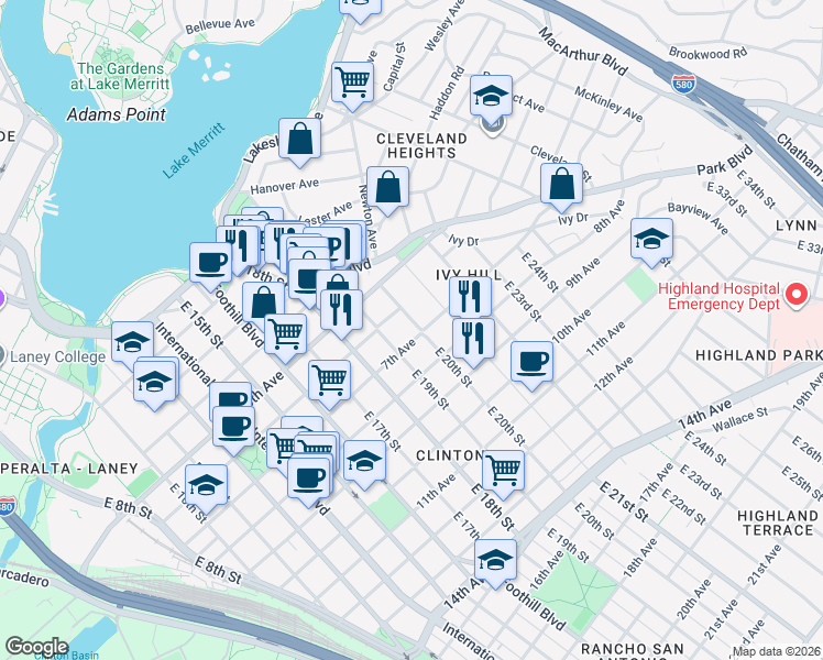 map of restaurants, bars, coffee shops, grocery stores, and more near 1949 7th Avenue in Oakland