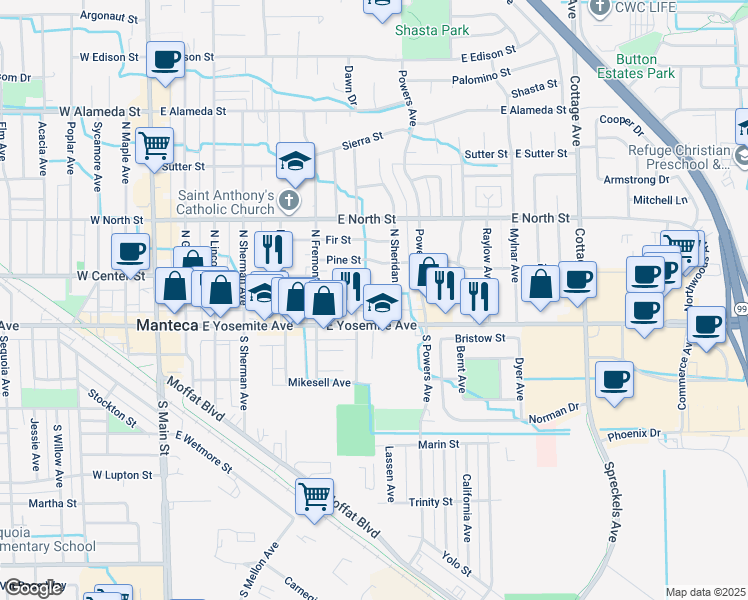 map of restaurants, bars, coffee shops, grocery stores, and more near 721 Stewart Street in Manteca
