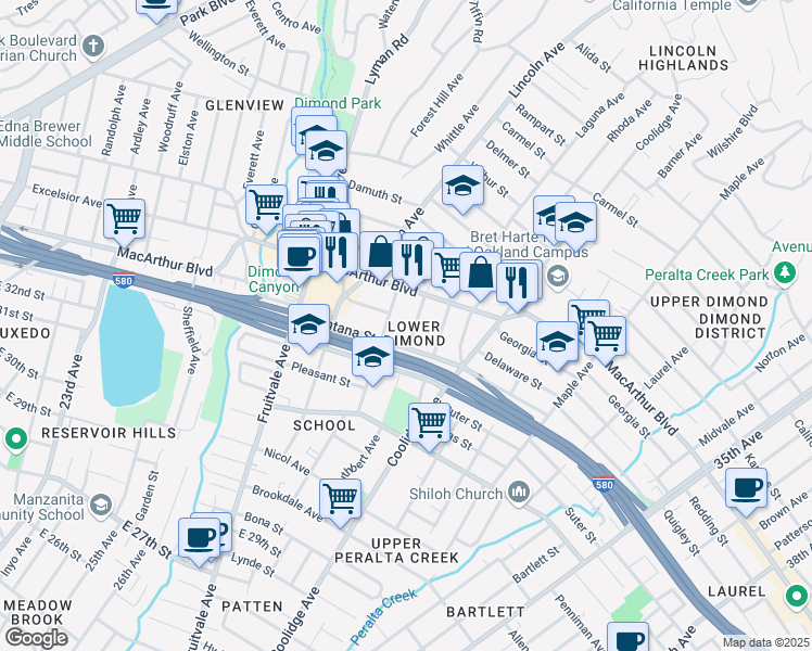 map of restaurants, bars, coffee shops, grocery stores, and more near 3441 Wilson Avenue in Oakland