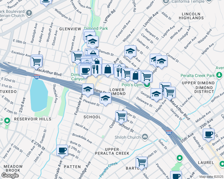 map of restaurants, bars, coffee shops, grocery stores, and more near 3441 Wilson Avenue in Oakland