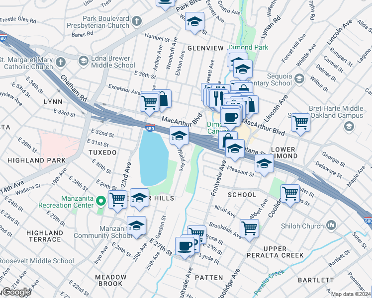 map of restaurants, bars, coffee shops, grocery stores, and more near 1807 Sausal Street in Oakland