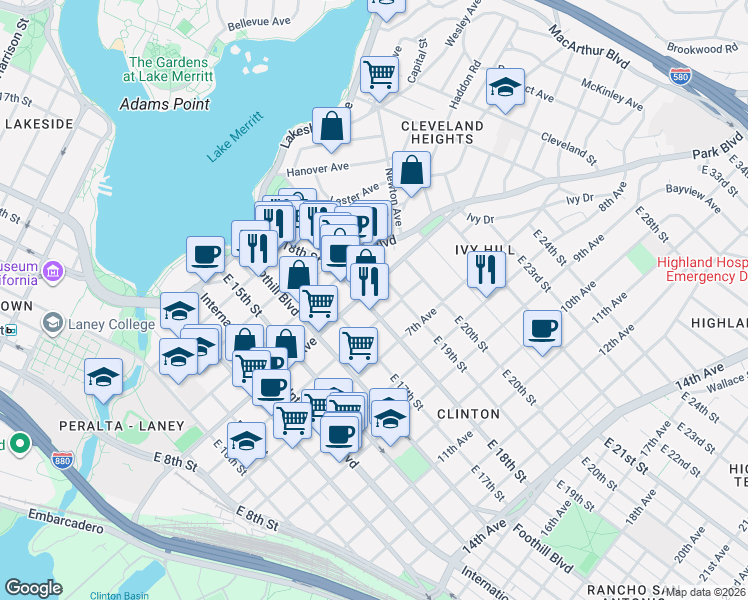 map of restaurants, bars, coffee shops, grocery stores, and more near in Oakland