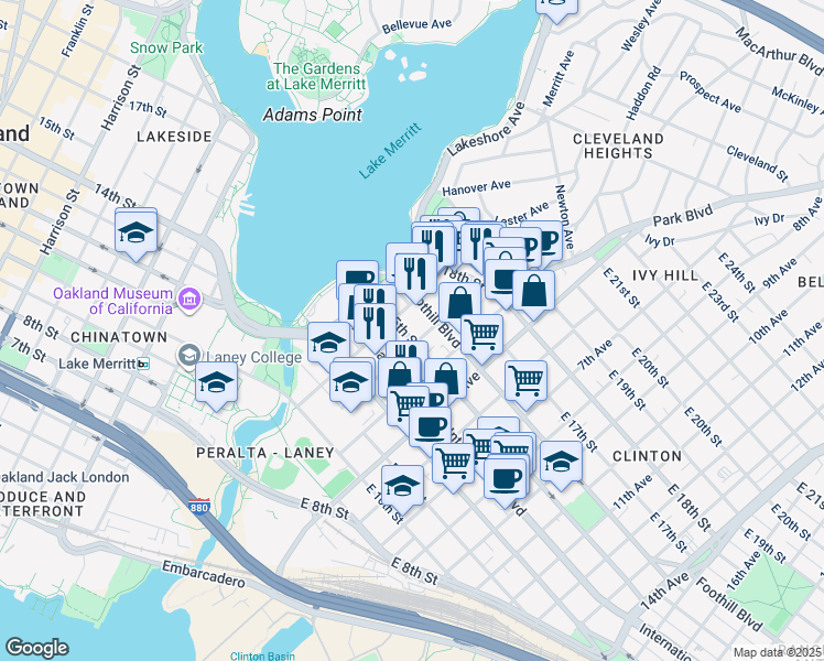 map of restaurants, bars, coffee shops, grocery stores, and more near 1521 3rd Avenue in Oakland