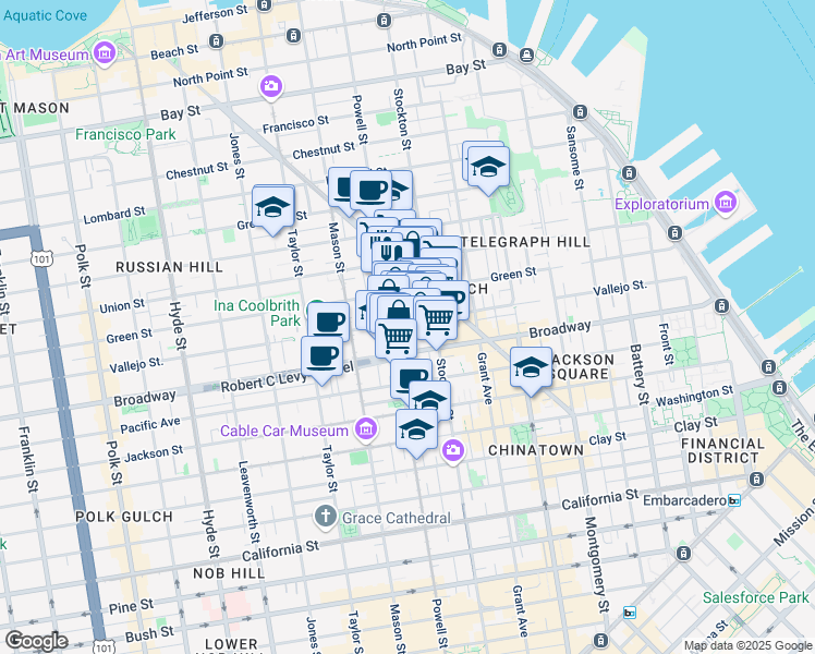 map of restaurants, bars, coffee shops, grocery stores, and more near 806 Vallejo Street in San Francisco