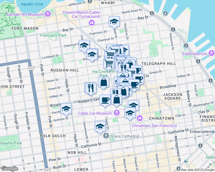 map of restaurants, bars, coffee shops, grocery stores, and more near 1750 Taylor Street in San Francisco