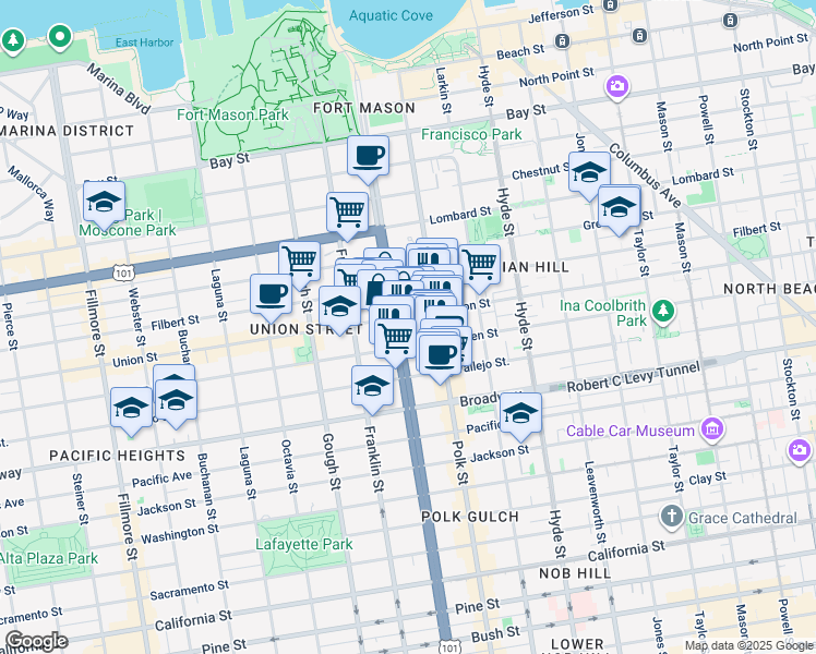 map of restaurants, bars, coffee shops, grocery stores, and more near 2500 Van Ness Avenue in San Francisco