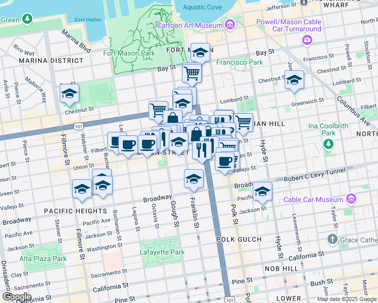 map of restaurants, bars, coffee shops, grocery stores, and more near 1596 Union Street in San Francisco