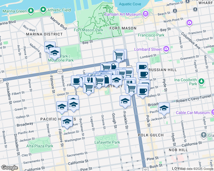 map of restaurants, bars, coffee shops, grocery stores, and more near in San Francisco