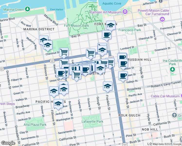 map of restaurants, bars, coffee shops, grocery stores, and more near 2826A Octavia Street in San Francisco