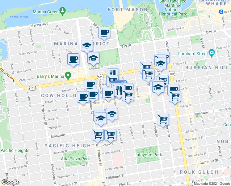 map of restaurants, bars, coffee shops, grocery stores, and more near 1980 Union Street in San Francisco