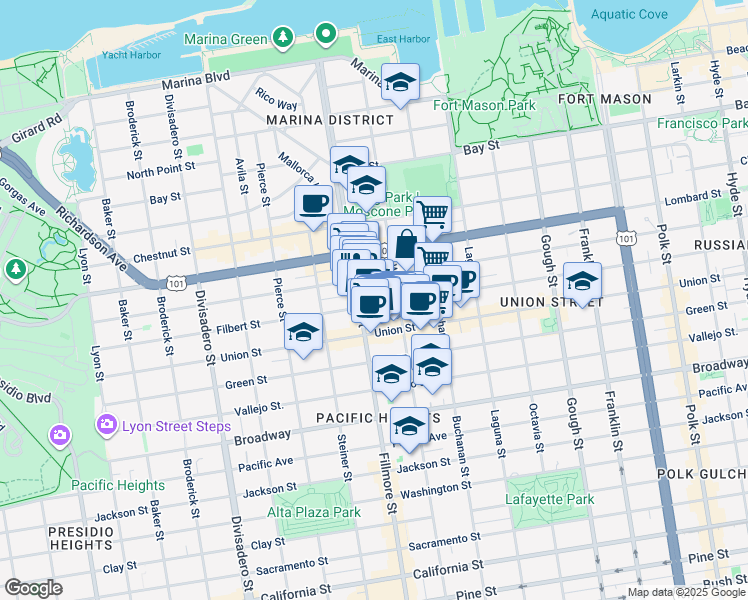 map of restaurants, bars, coffee shops, grocery stores, and more near 113 Pixley Street in San Francisco