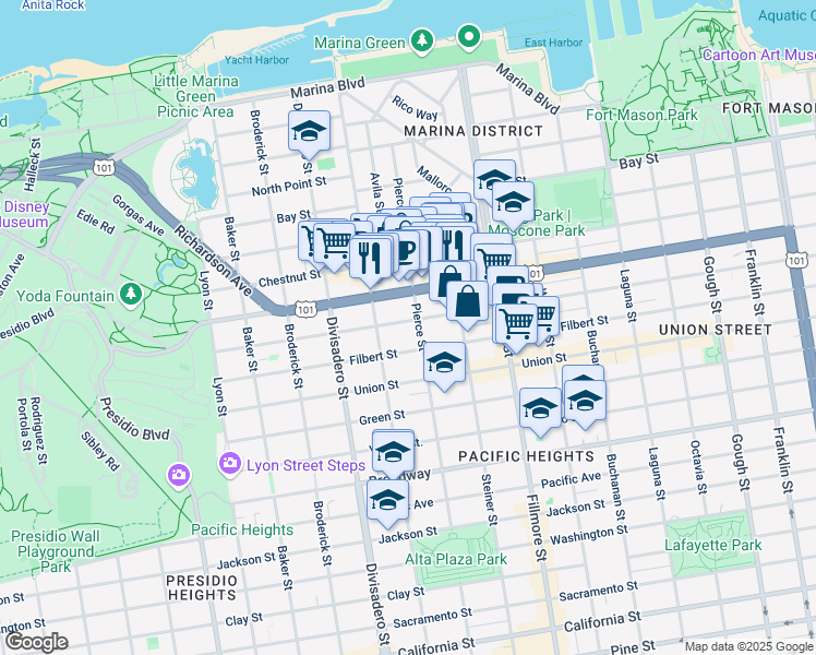 map of restaurants, bars, coffee shops, grocery stores, and more near 2399 Greenwich Street in San Francisco