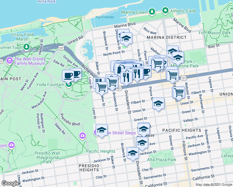 map of restaurants, bars, coffee shops, grocery stores, and more near 2555 Lombard Street in San Francisco