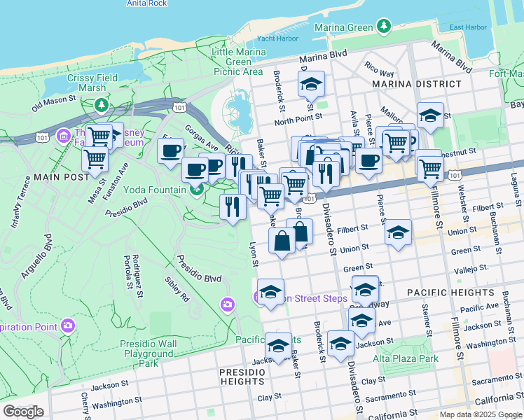 map of restaurants, bars, coffee shops, grocery stores, and more near 2729 Lombard Street in San Francisco