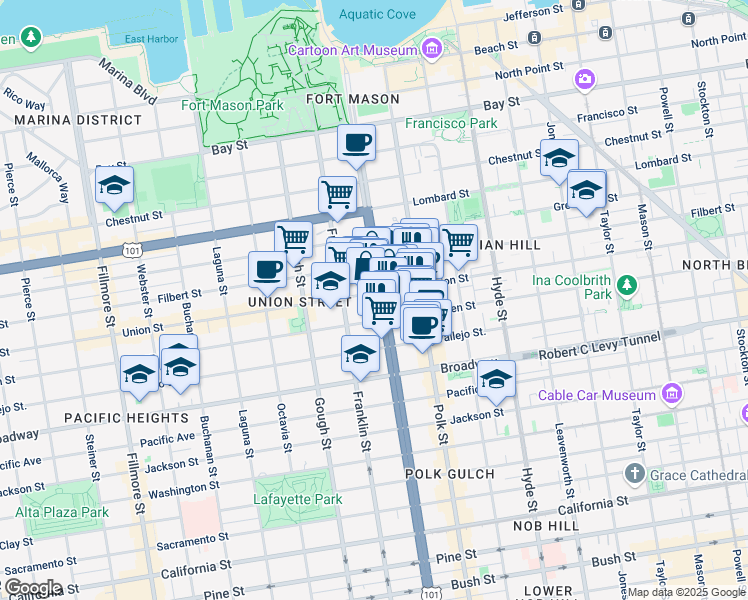 map of restaurants, bars, coffee shops, grocery stores, and more near 1515 Union Street in San Francisco