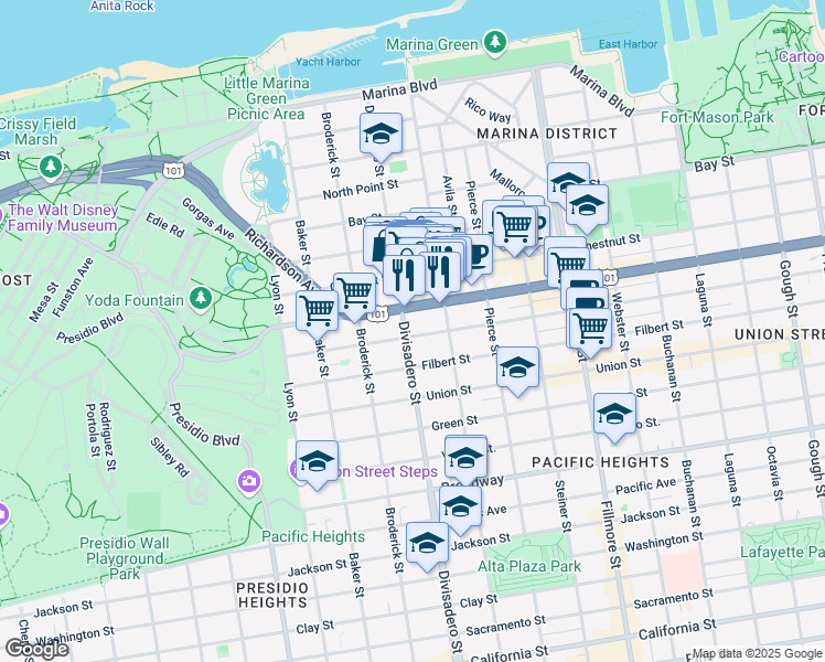 map of restaurants, bars, coffee shops, grocery stores, and more near 2590 Greenwich Street in San Francisco