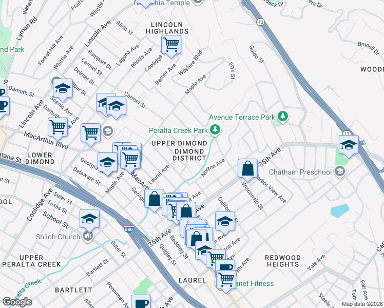 map of restaurants, bars, coffee shops, grocery stores, and more near 4014 Laurel Avenue in Oakland