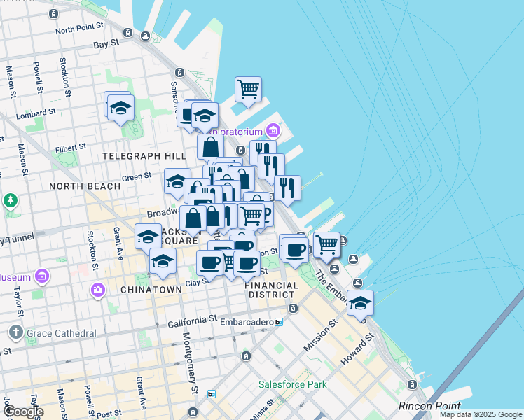 map of restaurants, bars, coffee shops, grocery stores, and more near 640 Davis Street in San Francisco