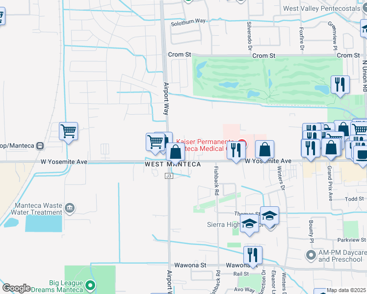 map of restaurants, bars, coffee shops, grocery stores, and more near 2035 West Yosemite Avenue in Manteca