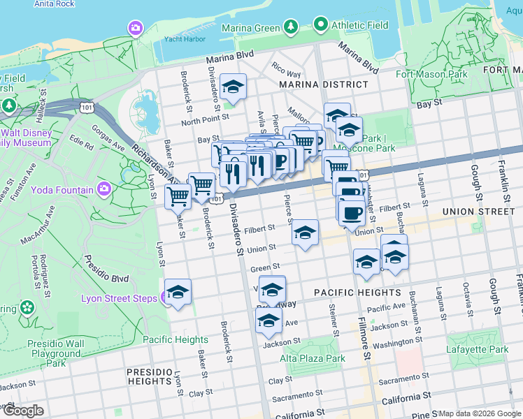 map of restaurants, bars, coffee shops, grocery stores, and more near Scott St & Greenwich St in San Francisco