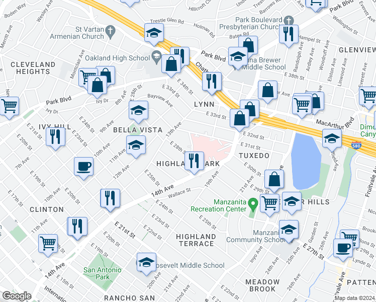 map of restaurants, bars, coffee shops, grocery stores, and more near 1388 East 28th Street in Oakland