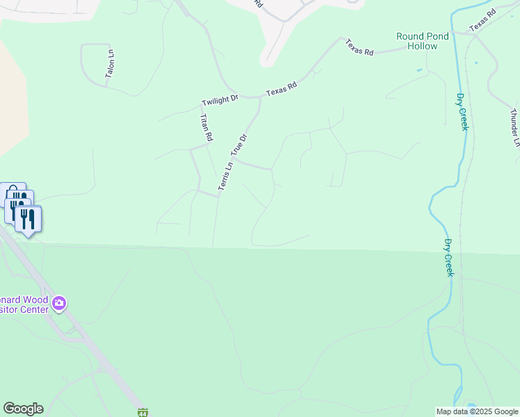 map of restaurants, bars, coffee shops, grocery stores, and more near 24513 Terrain Lane in Saint Robert