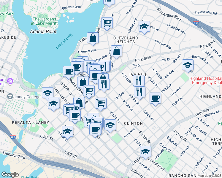 map of restaurants, bars, coffee shops, grocery stores, and more near 536 East 19th Street in Oakland