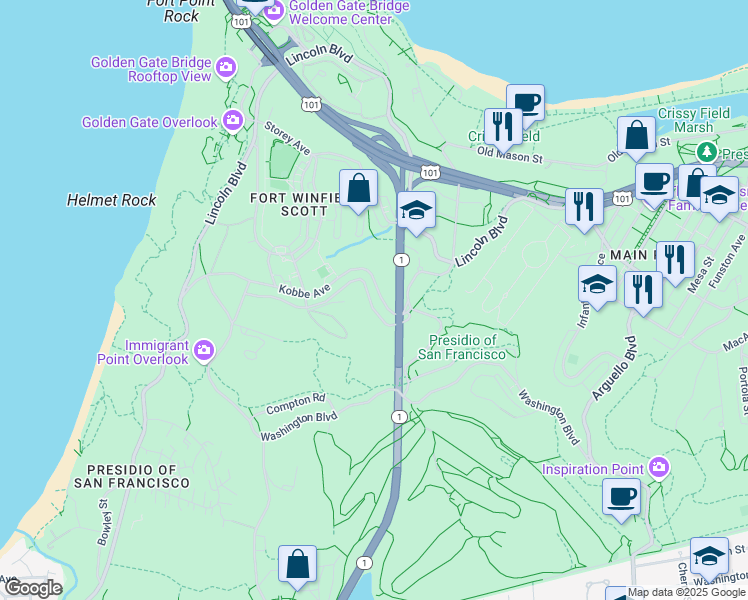 map of restaurants, bars, coffee shops, grocery stores, and more near 1308 Kobbe Avenue in San Francisco