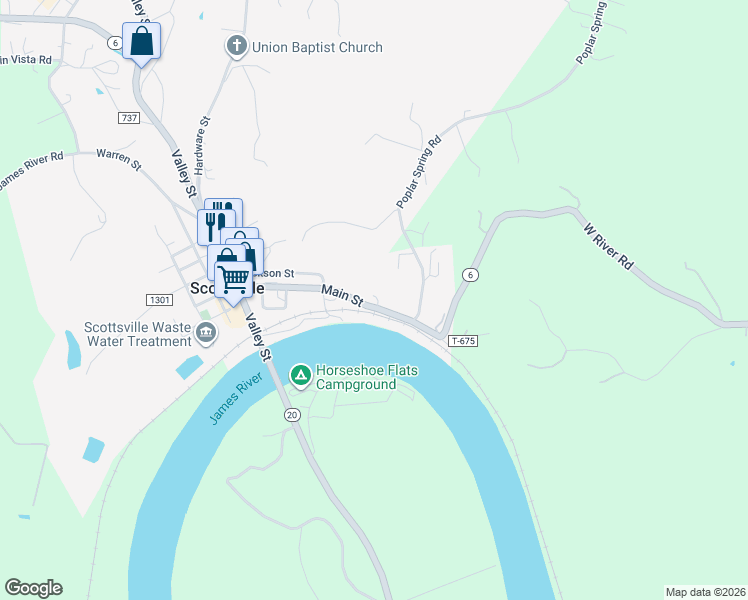 map of restaurants, bars, coffee shops, grocery stores, and more near 534 Main Street in Scottsville